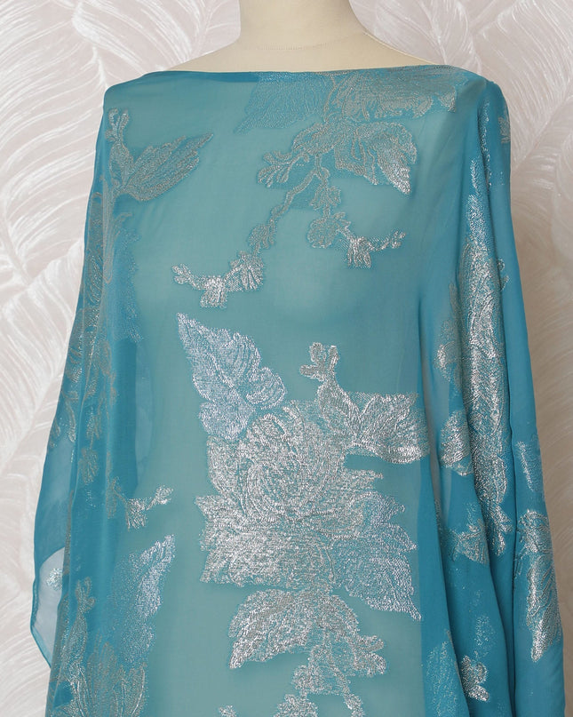 Elegant Teal and Silver Floral Pattern Pure French Silk (Fransawi Dirac) Chiffon Fabric – 140 cm Wide X 3.5 Mtrs-D19857 Regal Fabrics