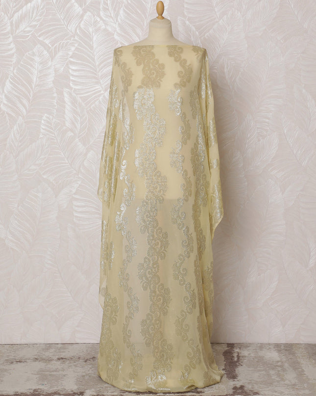 Elegant Beige and Silver Floral Pattern Pure French Silk (Fransawi Dirac) Chiffon Fabric – 140 cm Wide X 3.5 Mtrs-D19858