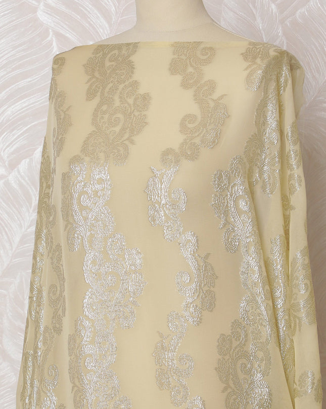 Elegant Beige and Silver Floral Pattern Pure French Silk (Fransawi Dirac) Chiffon Fabric – 140 cm Wide X 3.5 Mtrs-D19858