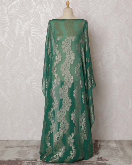 Emerald Green and Silver Floral Pattern Pure French Silk (Fransawi Dirac) Chiffon Fabric – 140 cm Wide X 3.5 Mtrs-D19859