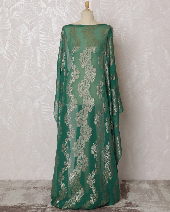 Emerald Green and Silver Floral Pattern Pure French Silk (Fransawi Dirac) Chiffon Fabric – 140 cm Wide X 3.5 Mtrs-D19859