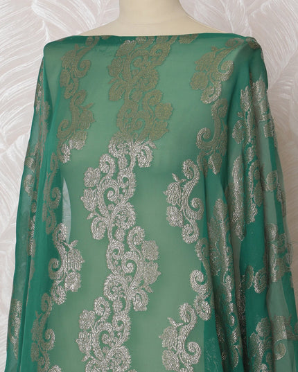 Emerald Green and Silver Floral Pattern Pure French Silk (Fransawi Dirac) Chiffon Fabric – 140 cm Wide X 3.5 Mtrs-D19859