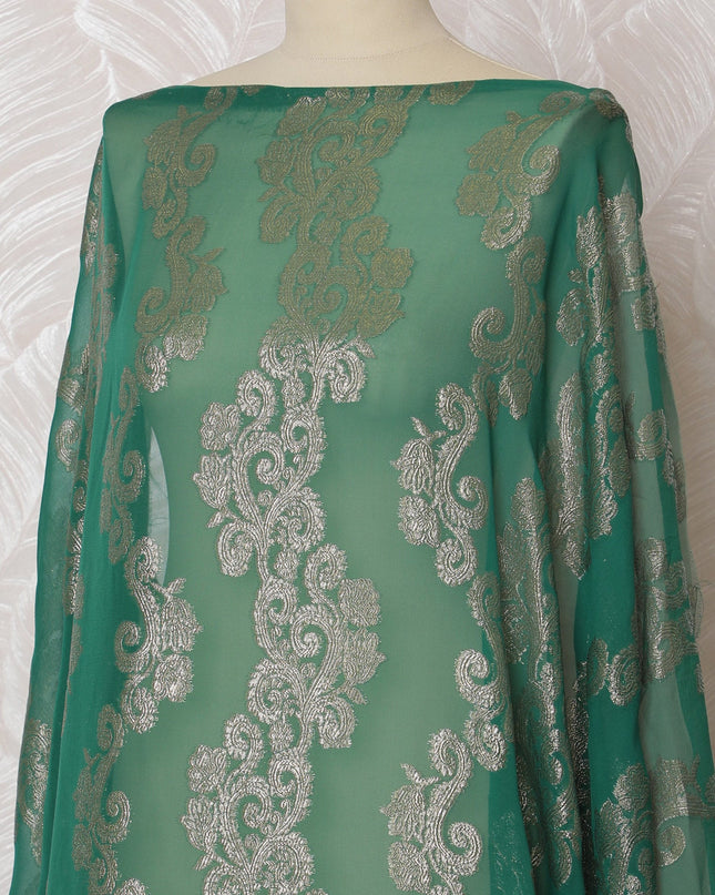 Emerald Green and Silver Floral Pattern Pure French Silk (Fransawi Dirac) Chiffon Fabric – 140 cm Wide X 3.5 Mtrs-D19859