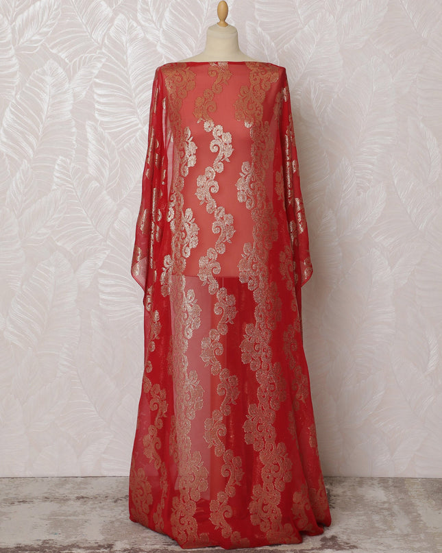 Scarlet Red and Gold Floral Pattern Pure French Silk (Fransawi Dirac) Chiffon Fabric – 140 cm Wide X 3.5 Mtrs-D19860