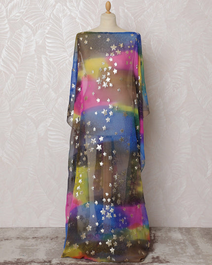 Traditional Somali Dirac Fabric in Pure Silk Chiffon with Metallic Lurex, Multicolor Rainbow and Silver Stars, 3.5 Meters, 140 cm Width-D19895