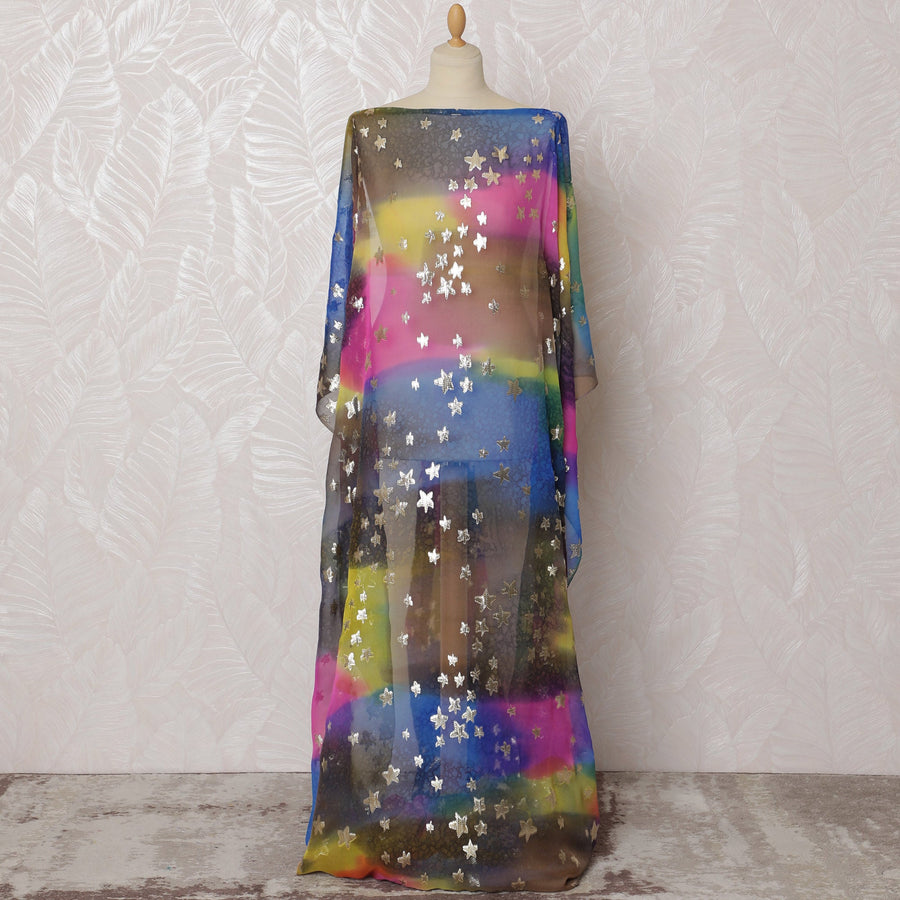 قماش ديراك صومالي تقليدي من الشيفون الحريري الخالص مع لوريكس معدني، قوس قزح متعدد الألوان ونجوم فضية، 3.5 متر، عرض 140 سم-D19895