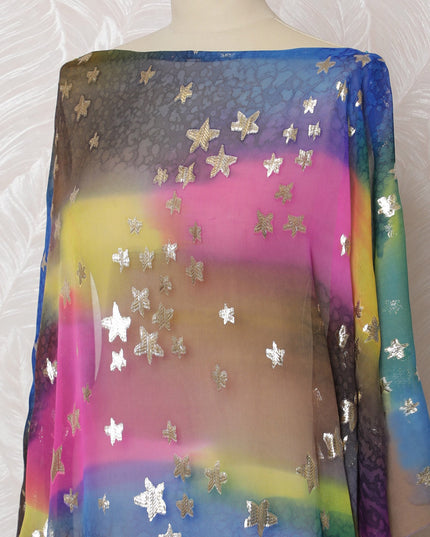 Traditional Somali Dirac Fabric in Pure Silk Chiffon with Metallic Lurex, Multicolor Rainbow and Silver Stars, 3.5 Meters, 140 cm Width-D19895