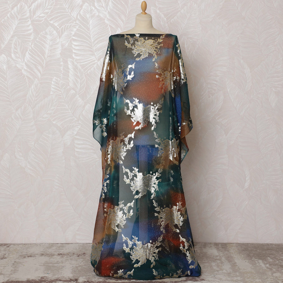 Traditional Somali Dirac Fabric in Pure Silk Chiffon with Metallic Lurex, Teal and Rust Ombre, 3.5 Meters, 140 cm Width-D19898