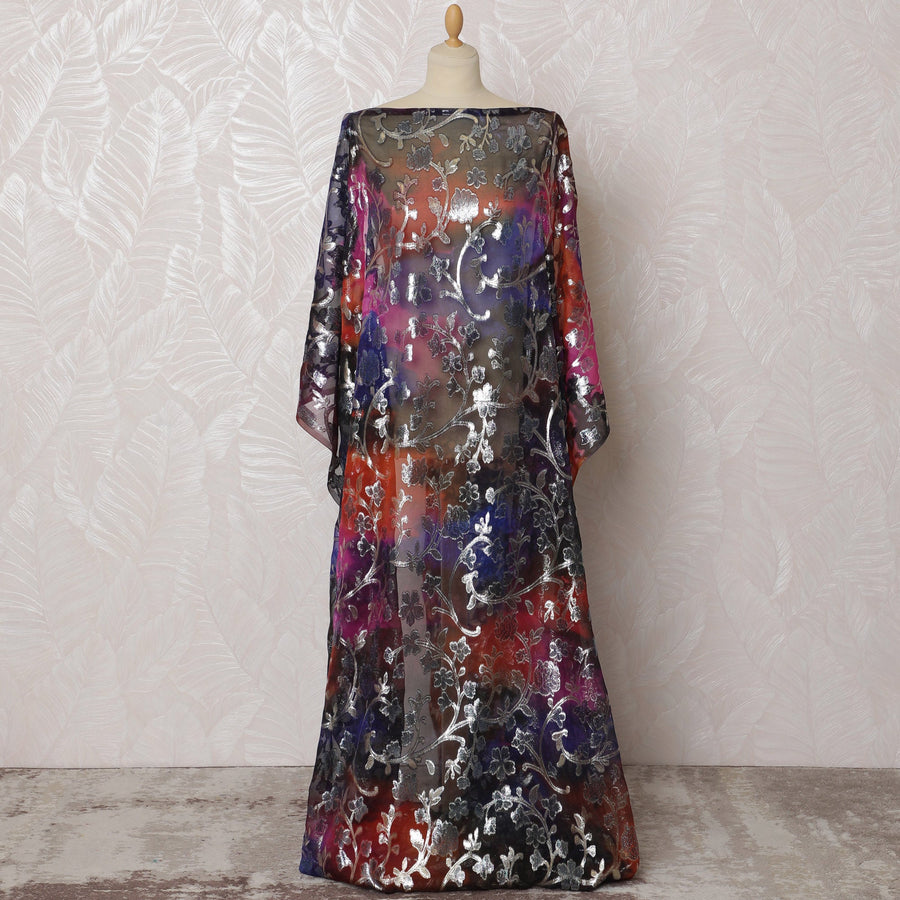 قماش ديراك صومالي تقليدي من الشيفون الحريري الخالص مع اللوريكس المعدني، متدرج متعدد الألوان مع زهور فضية، 3.5 متر، عرض 140 سم -D19900