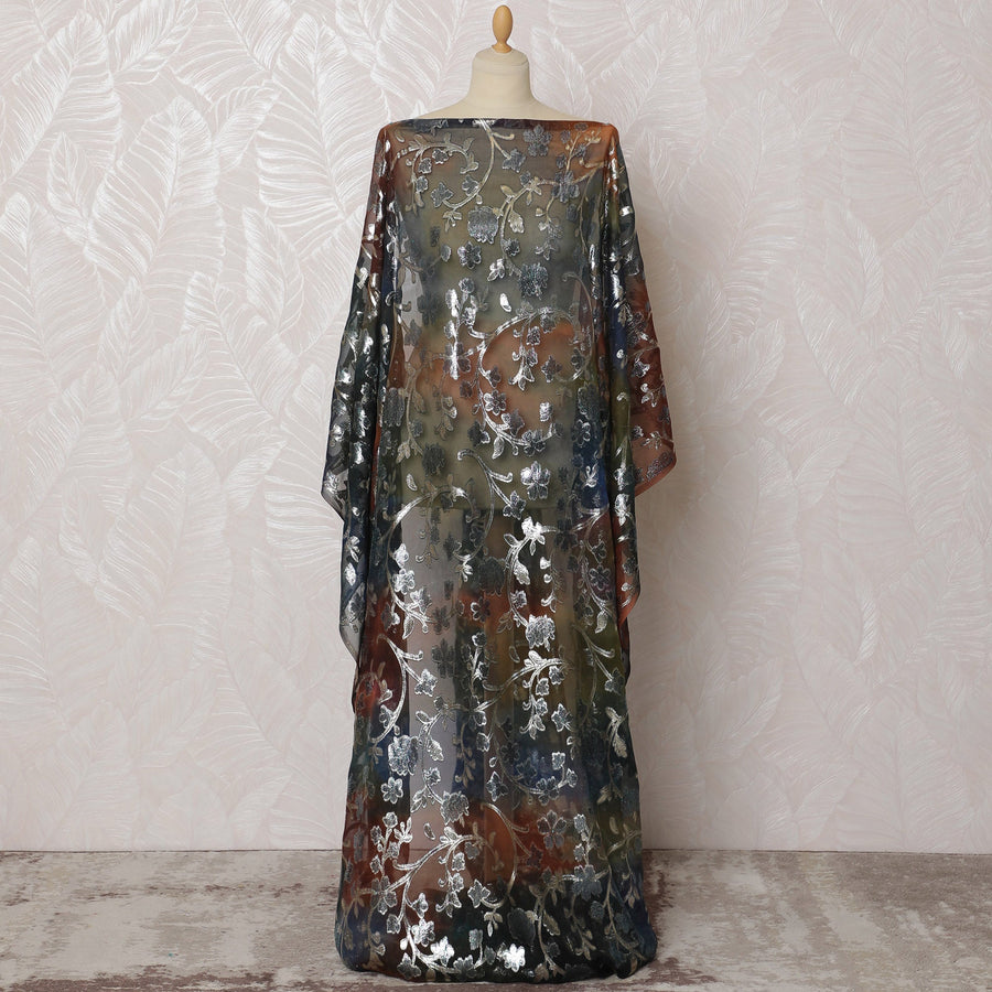 Traditional Somali Dirac Fabric in Pure Silk Chiffon with Metallic Lurex, Earthy Ombre and Silver Floral, 3.5 Meters, 140 cm Width-D19901