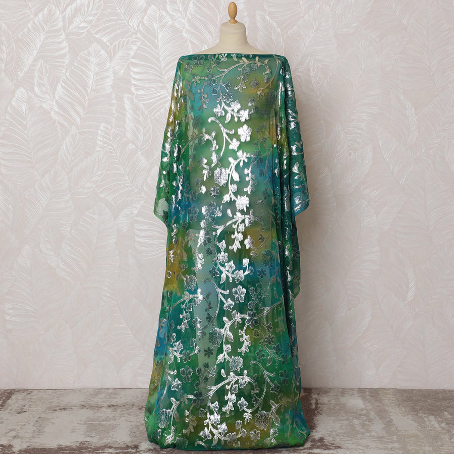 Traditional Somali Dirac Fabric in Pure Silk Chiffon with Metallic Lurex, Green Ombre with Silver Floral, 3.5 Meters, 140 cm Width-D19902