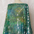 Traditional Somali Dirac Fabric in Pure Silk Chiffon with Metallic Lurex, Green Ombre with Silver Floral, 3.5 Meters, 140 cm Width-D19902
