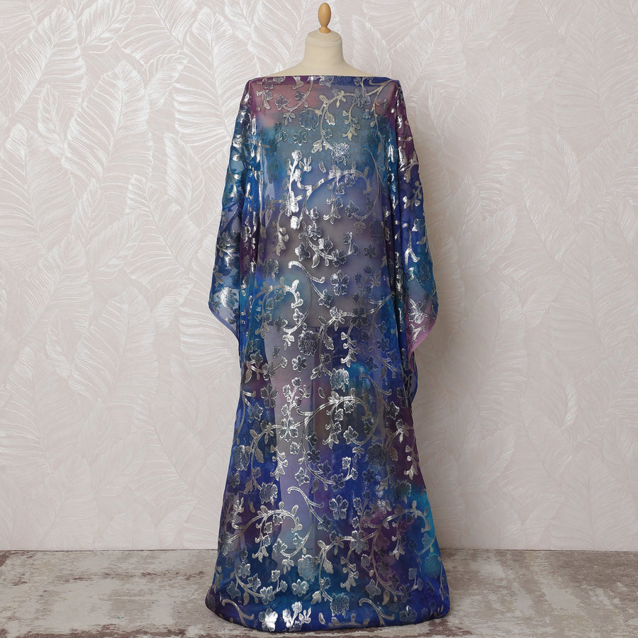 Traditional Somali Dirac Fabric in Pure Silk Chiffon with Metallic Lurex, Purple and Blue Ombre with Silver Floral, 3.5 Meters, 140 cm Width-D19904