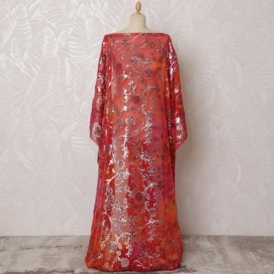 Traditional Somali Dirac Fabric in Pure Silk Chiffon with Metallic Lurex, Red Ombre with Silver Floral, 3.5 Meters, 140 cm Width-D19906