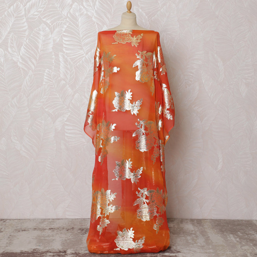 Traditional Somali Dirac Fabric in Pure Silk Chiffon with Metallic Lurex, Orange Sunset with Gold Floral, 3.5 Meters, 140 cm Width-D19907