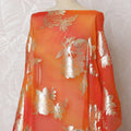 Traditional Somali Dirac Fabric in Pure Silk Chiffon with Metallic Lurex, Orange Sunset with Gold Floral, 3.5 Meters, 140 cm Width-D19907