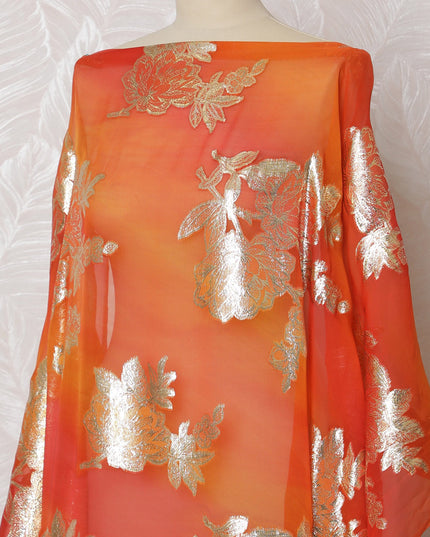 Traditional Somali Dirac Fabric in Pure Silk Chiffon with Metallic Lurex, Orange Sunset with Gold Floral, 3.5 Meters, 140 cm Width-D19907