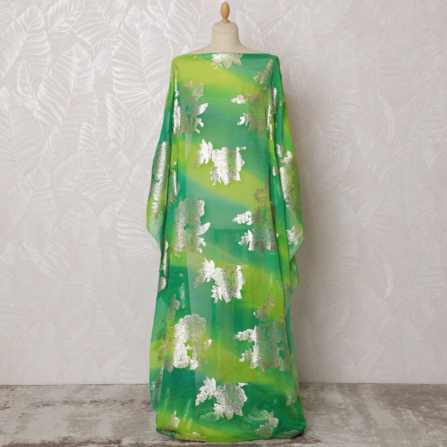 قماش ديراك صومالي تقليدي من الشيفون الحريري الخالص مع اللوريكس المعدني، أومبري أخضر مع زهور فضية، 3.5 متر، عرض 140 سم -D19908