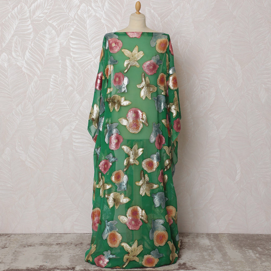 Traditional Somali Dirac Fabric in Pure Silk Chiffon with Metallic Lurex, Green with Multicolor Floral, 3.5 Meters, 140 cm Width-D19909