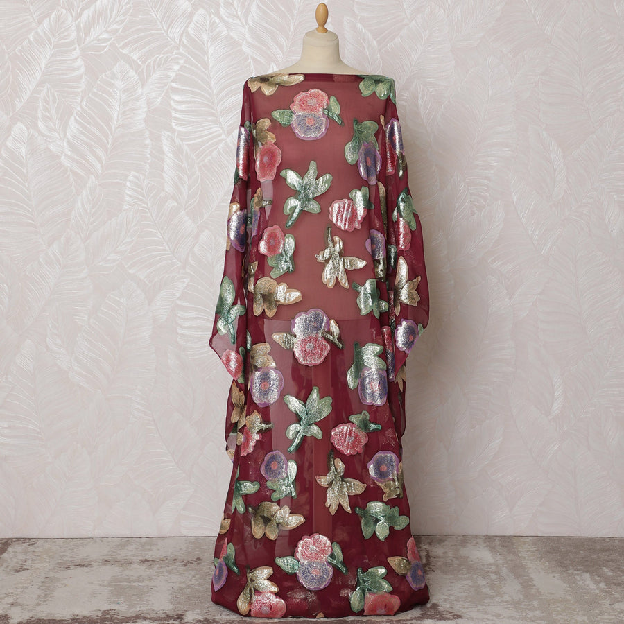 Traditional Somali Dirac Fabric in Pure Silk Chiffon with Metallic Lurex, Burgundy with Multicolor Floral, 3.5 Meters, 140 cm Width-D19910