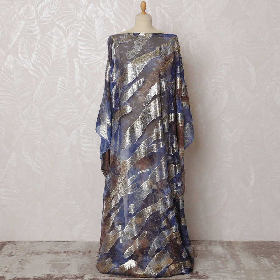 Traditional Somali Dirac Fabric in Pure Silk Chiffon with Metallic Lurex, Blue and Brown with Silver Leopard Print, 3.5 Meters, 140 cm Width-D19912