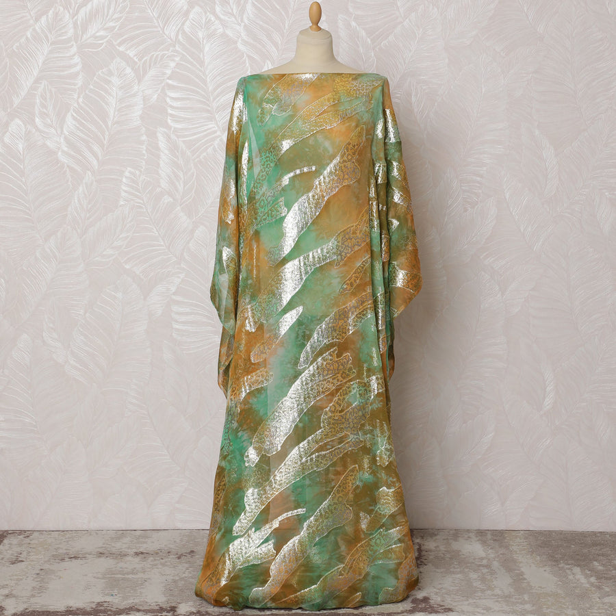 Traditional Somali Dirac Fabric in Pure Silk Chiffon with Metallic Lurex, Green and Orange with Silver Leopard Print, 3.5 Meters, 140 cm Width-D19913