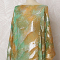 Traditional Somali Dirac Fabric in Pure Silk Chiffon with Metallic Lurex, Green and Orange with Silver Leopard Print, 3.5 Meters, 140 cm Width-D19913