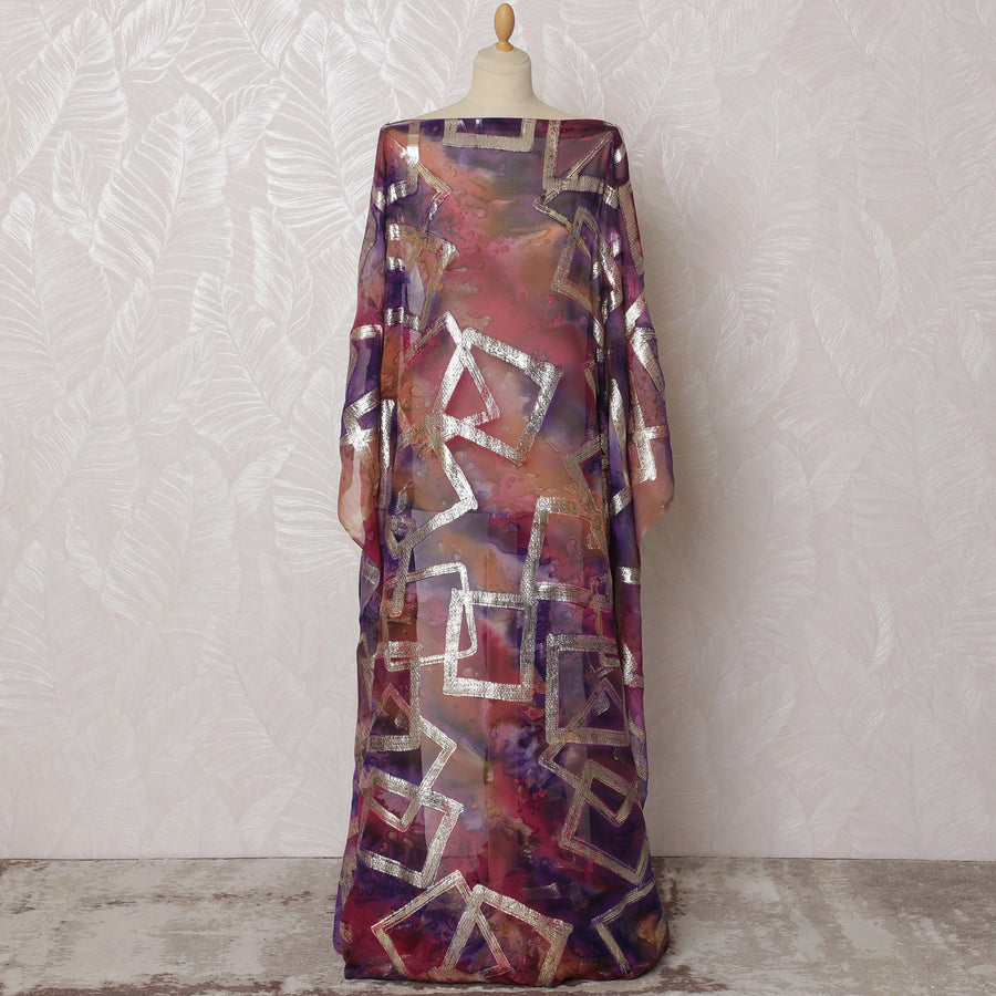 قماش ديراك صومالي تقليدي من الشيفون الحريري الخالص مع اللوريكس المعدني، أرجواني وبرتقالي مع طباعة هندسية فضية، 3.5 متر، عرض 140 سم -D19914