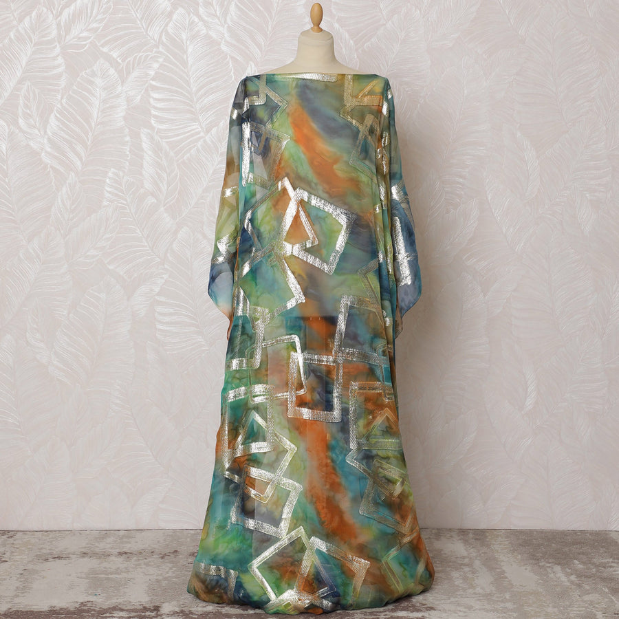 Traditional Somali Dirac Fabric in Pure Silk Chiffon with Metallic Lurex, Multicolor with Silver Geometric Print, 3.5 Meters, 140 cm Width-D19915