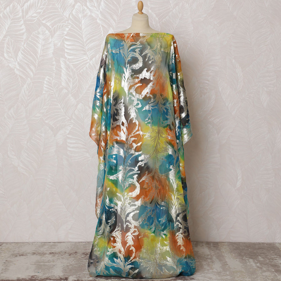 Vibrant Multicolor and Silver Traditional Somali Dirac Fabric in Pure Silk Chiffon with Metallic Lurex in Leaf Design, 3.5 Meters, 140 cm Width-D19918