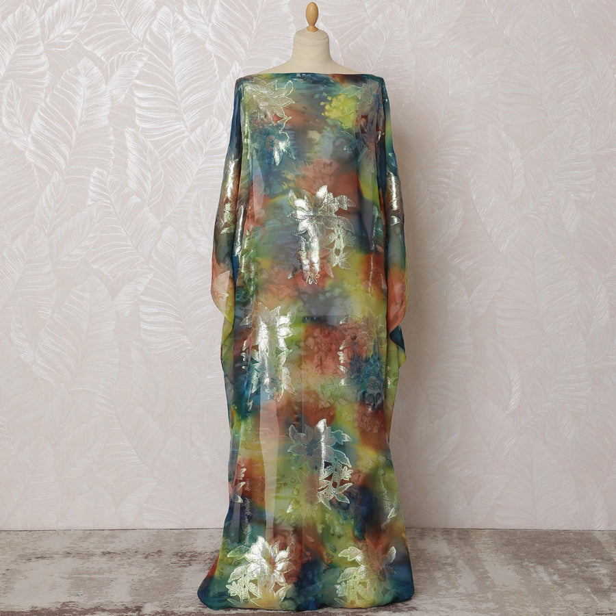 Multicolor and Silver Traditional Somali Dirac Fabric in Pure Silk Chiffon with Metallic Lurex, 3.5 Meters, 140 cm Width-D19919