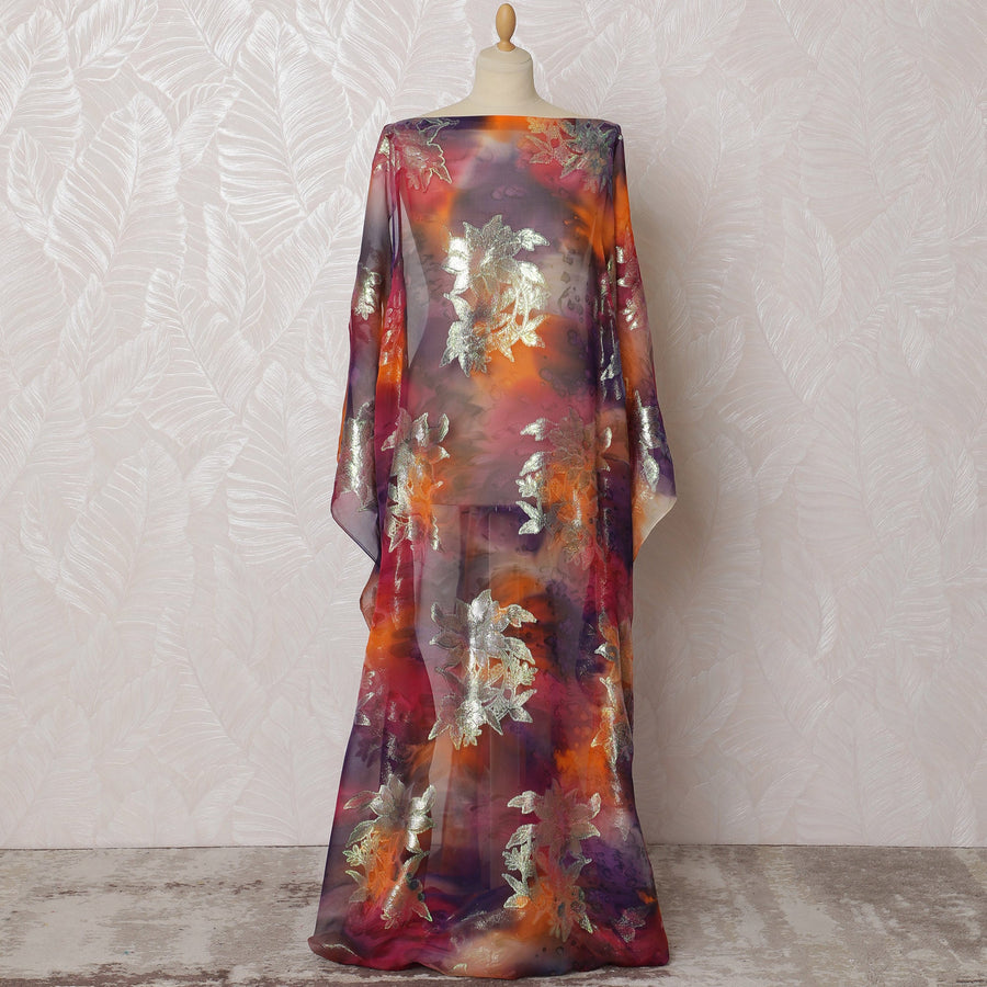 Vibrant Orange and Purple Traditional Somali Dirac Fabric in Pure Silk Chiffon with Metallic Lurex, 3.5 Meters, 140 cm Width-D19920