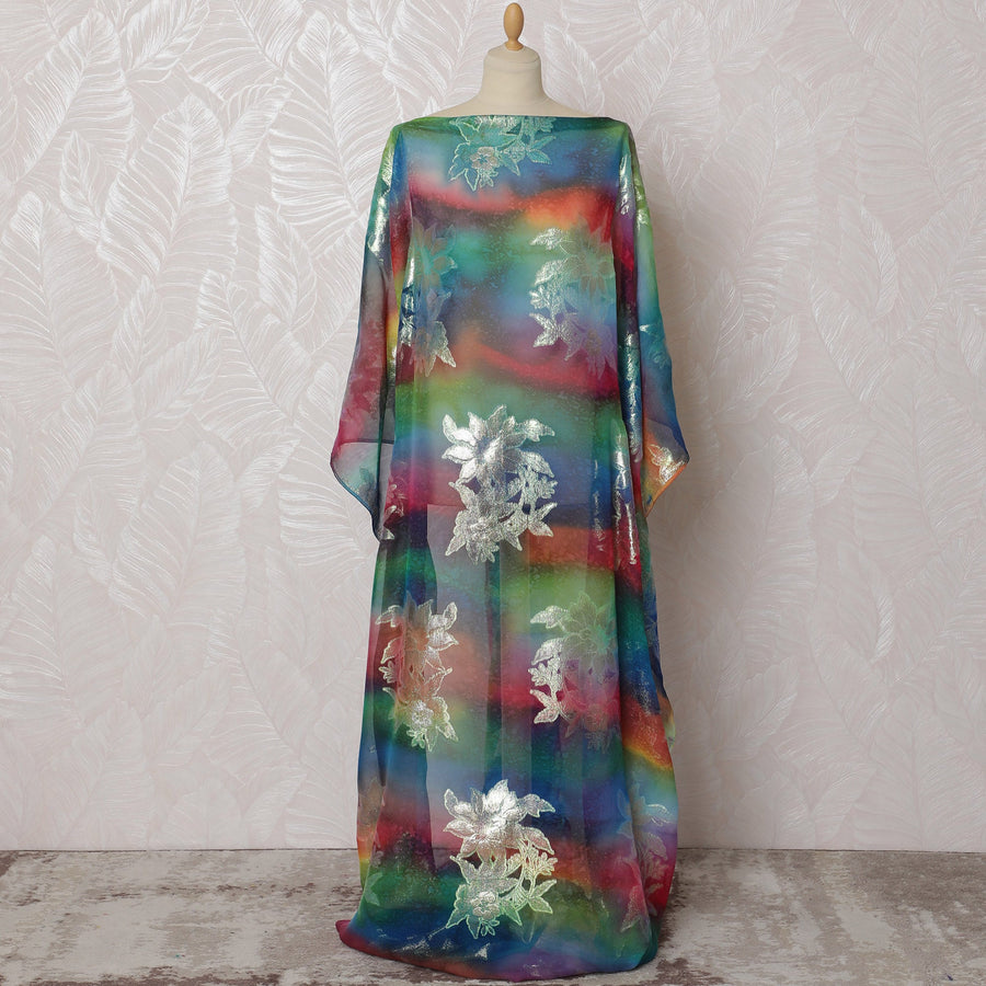 Rainbow Multicolor Traditional Somali Dirac Fabric in Pure Silk Chiffon with Metallic Lurex, 3.5 Meters, 140 cm Width-D19921