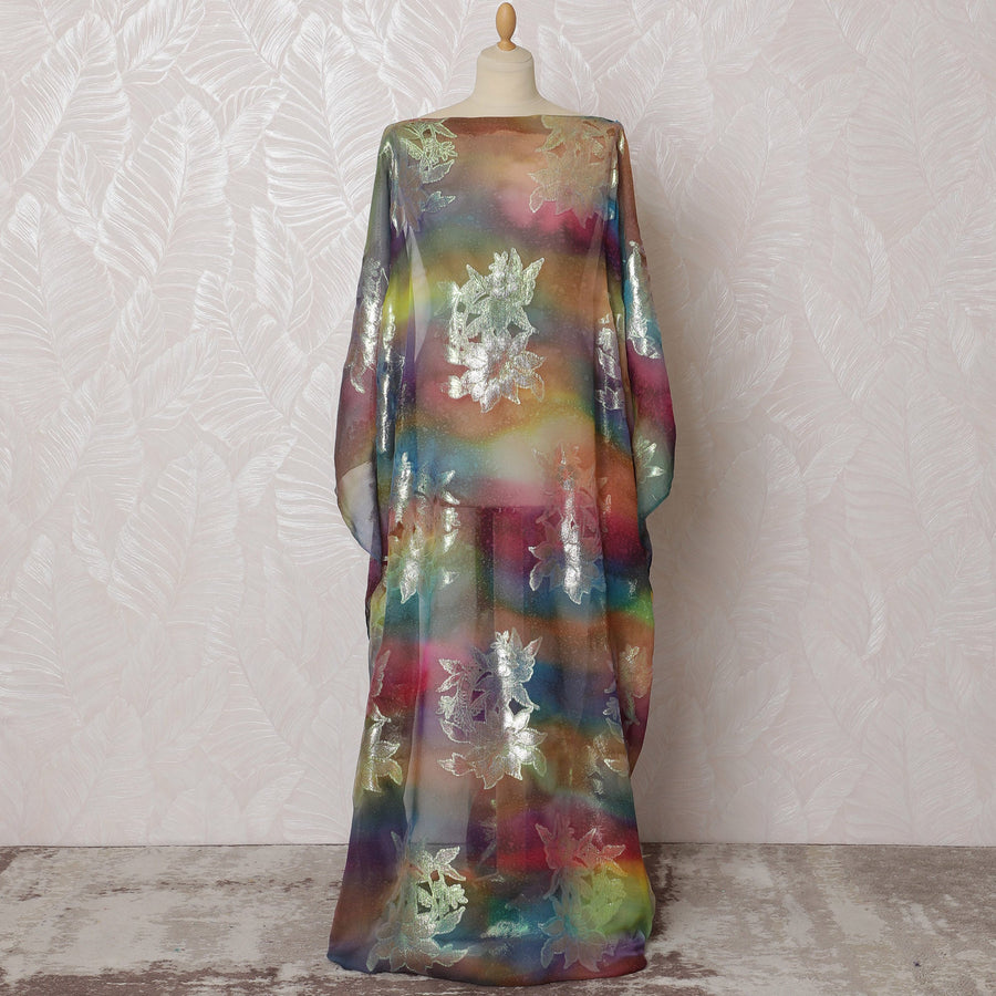 Multicolor Ombre Traditional Somali Dirac Fabric in Pure Silk Chiffon with Metallic Lurex, 3.5 Meters, 140 cm Width-D19922