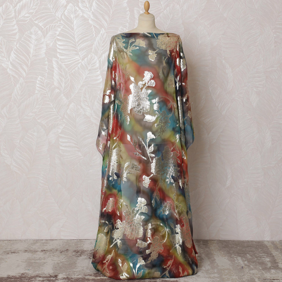 Multicolor Floral Somali Dirac Fabric in Pure Silk Chiffon with Metallic Lurex, 3.5 Meters, 140 cm Width-D19927