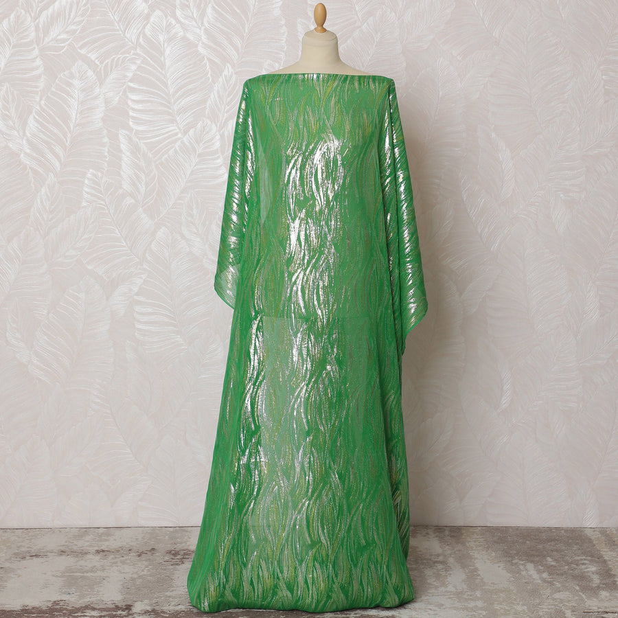 Emerald Green Somali Dirac Fabric in Pure Silk Chiffon with Metallic Lurex, 3.5 Meters, 140 cm Width-D19928