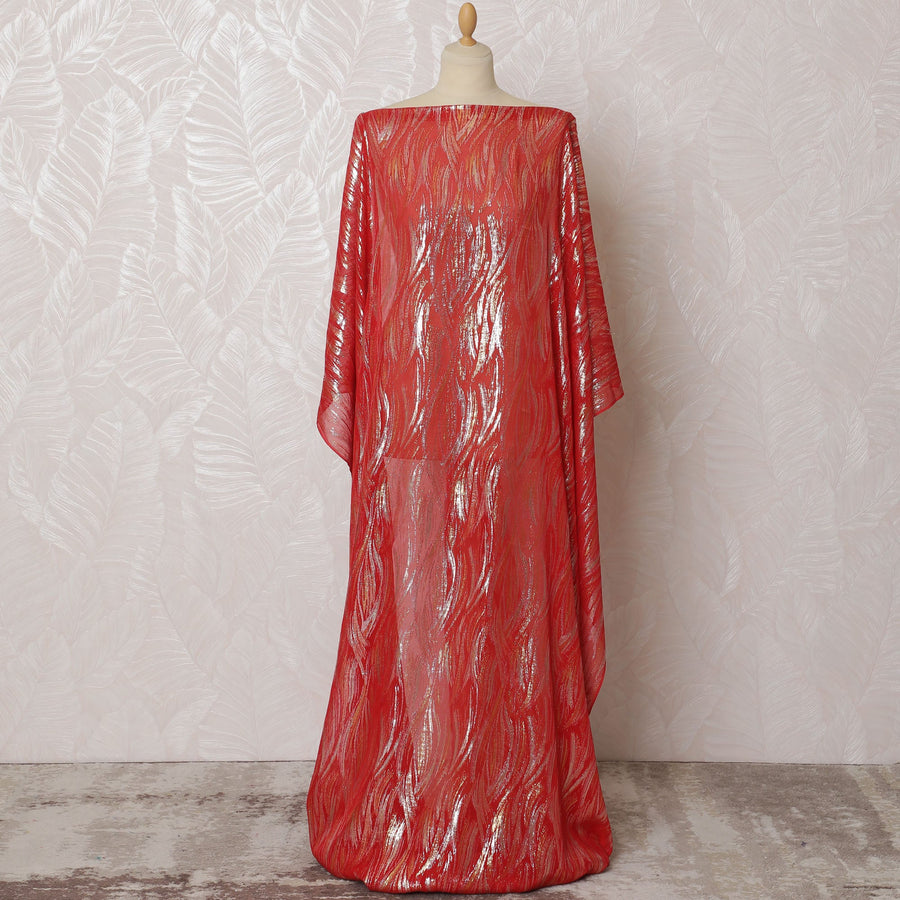 قماش ديراك صومالي أحمر ناري شيفون حرير خالص مع لوريكس ميتاليك، 3.5 متر، عرض 140 سم-D19929