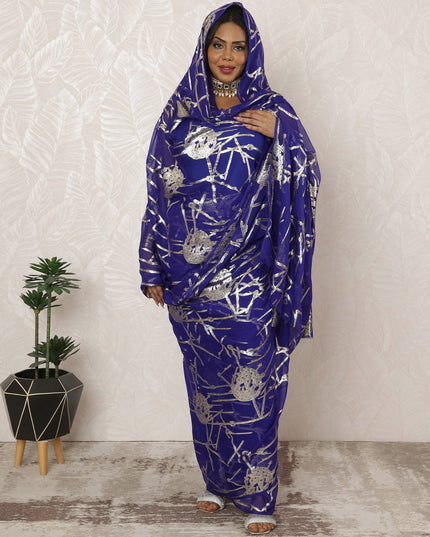 Royal Blue Sudanese Thobe Fabric in Pure Silk Chiffon with Metallic Lurex, 4.5 Meters, 110 cm Width-D20395