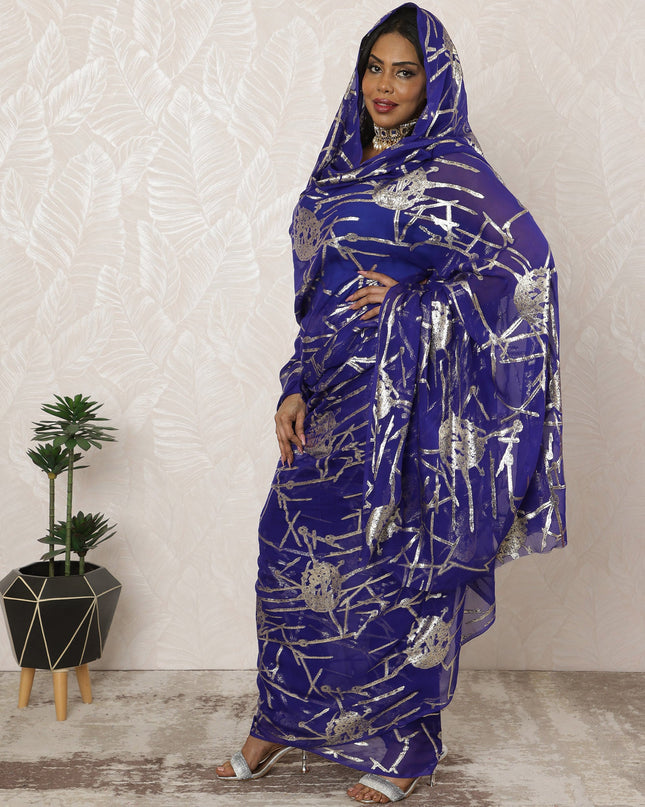 Royal Blue Sudanese Thobe Fabric in Pure Silk Chiffon with Metallic Lurex, 4.5 Meters, 110 cm Width-D20395