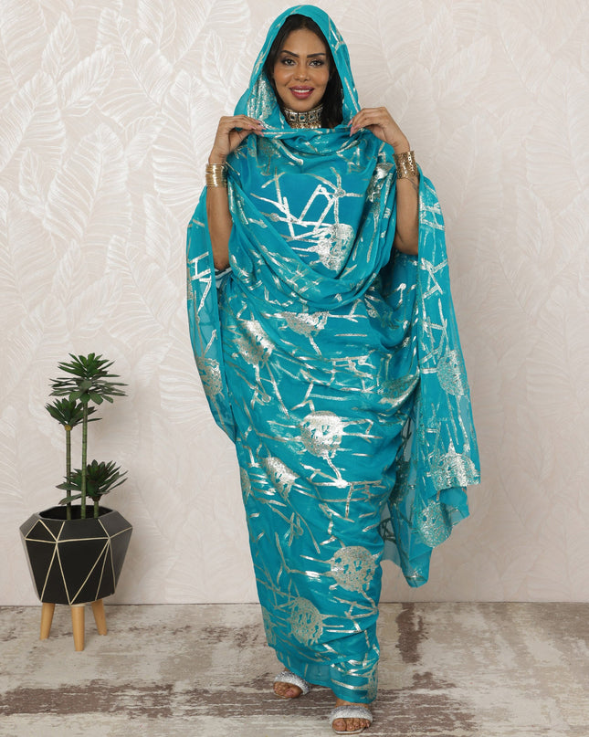 Turquoise Blue Sudanese Thobe Fabric in Pure Silk Chiffon with Metallic Lurex, 4.5 Meters, 110 cm Width-D20396