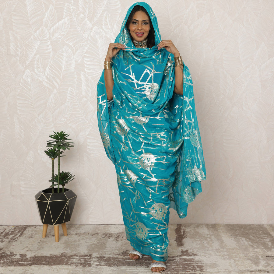 ثوب سوداني باللون الأزرق الفيروزي من الشيفون الحريري الخالص مع لوركس معدني، 4.5 متر، عرض 110 سم - D20396