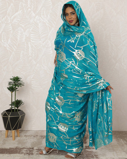 Turquoise Blue Sudanese Thobe Fabric in Pure Silk Chiffon with Metallic Lurex, 4.5 Meters, 110 cm Width-D20396