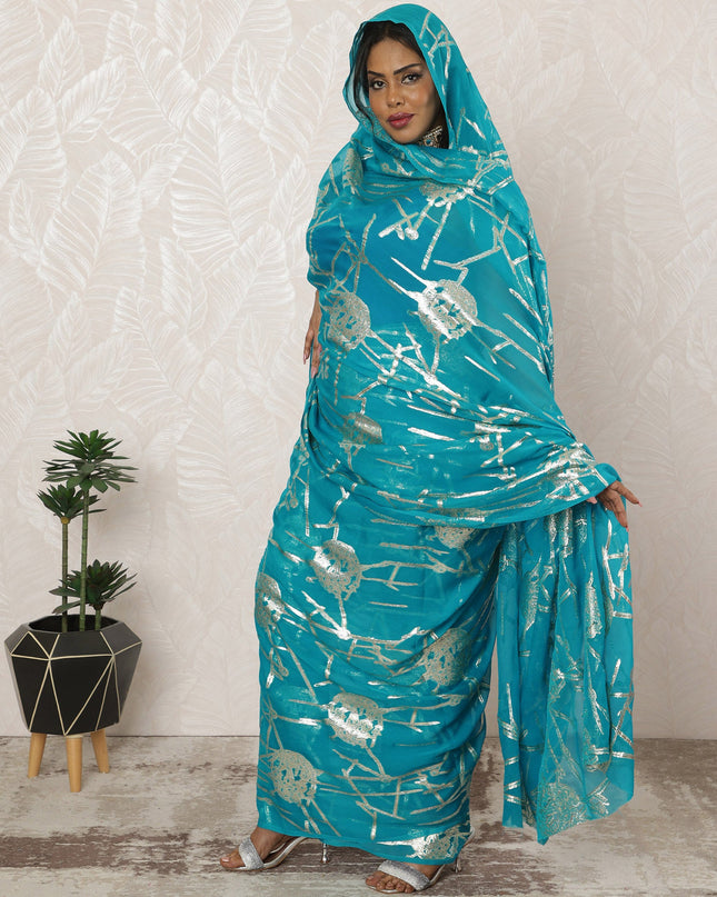 Turquoise Blue Sudanese Thobe Fabric in Pure Silk Chiffon with Metallic Lurex, 4.5 Meters, 110 cm Width-D20396