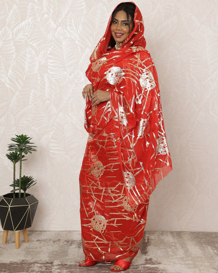 Red Sudanese Thobe Fabric in Pure Silk Chiffon with Metallic Lurex, 4.5 Meters, 110 cm Width-D20397