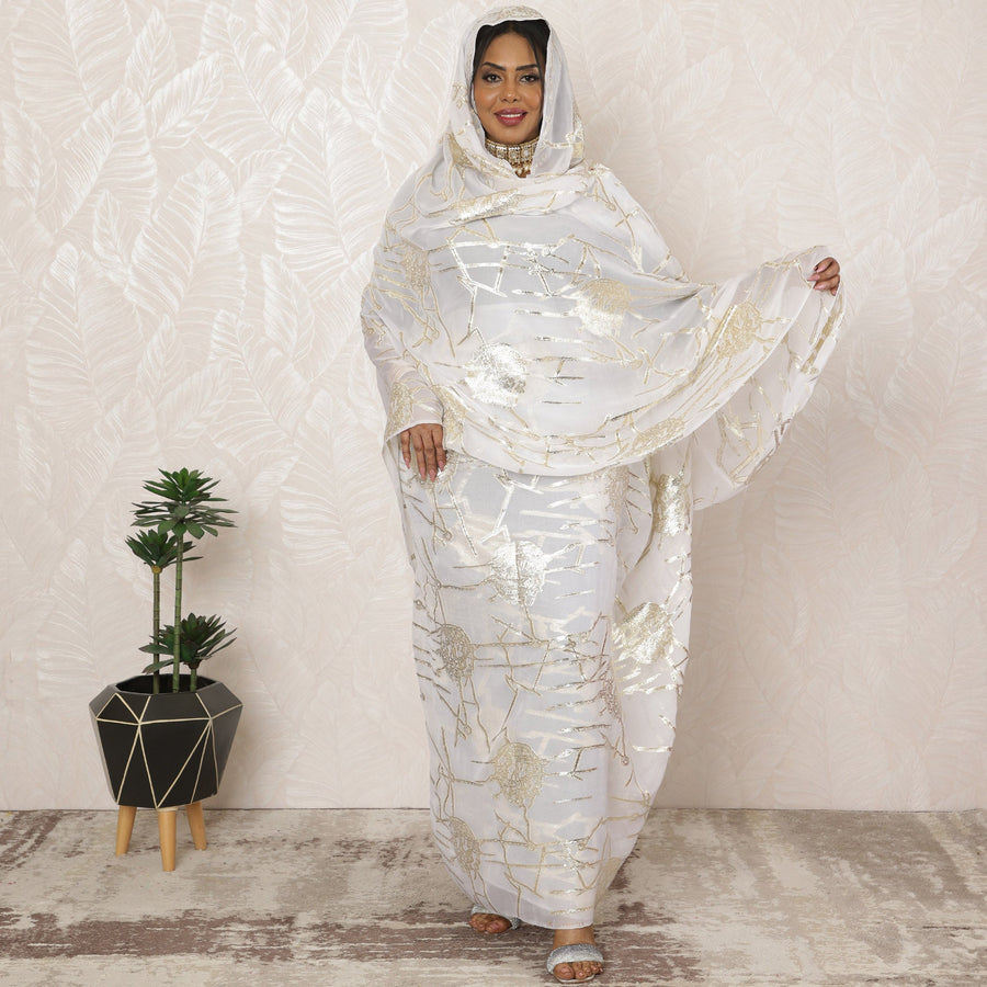 ثوب سوداني أبيض من الشيفون الحريري الخالص مع لوركس معدني، 4.5 متر، عرض 110 سم - D20399