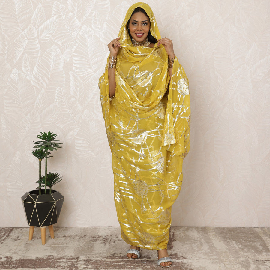 Mustard Yellow Sudanese Thobe Fabric in Pure Silk Chiffon with Metallic Lurex, 4.5 Meters, 110 cm Width-D20400
