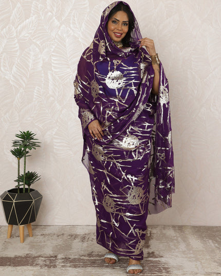 Purple Sudanese Thobe Fabric in Pure Silk Chiffon with Metallic Lurex, 4.5 Meters, 110 cm Width-D20401