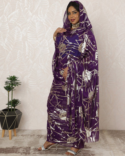 Purple Sudanese Thobe Fabric in Pure Silk Chiffon with Metallic Lurex, 4.5 Meters, 110 cm Width-D20401