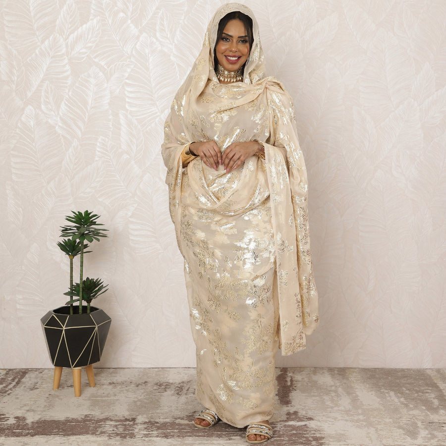 Elegant Beige Sudanese Thobe Fabric in Pure Silk Chiffon with Metallic Lurex, 4.5 Meters, 110 cm Width-D20407