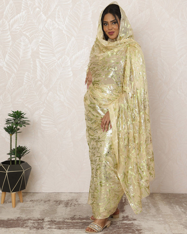 Light Gold Sudanese Thobe Fabric in Pure Silk Chiffon with Metallic Lurex and Jacquard, 4.5 Meters, 110 cm Width-D20408